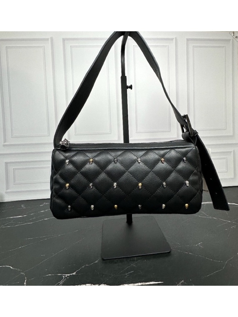 Betsy Johnson Black Quilted Leather Shoulder Bag with Gold and Silver Skulls